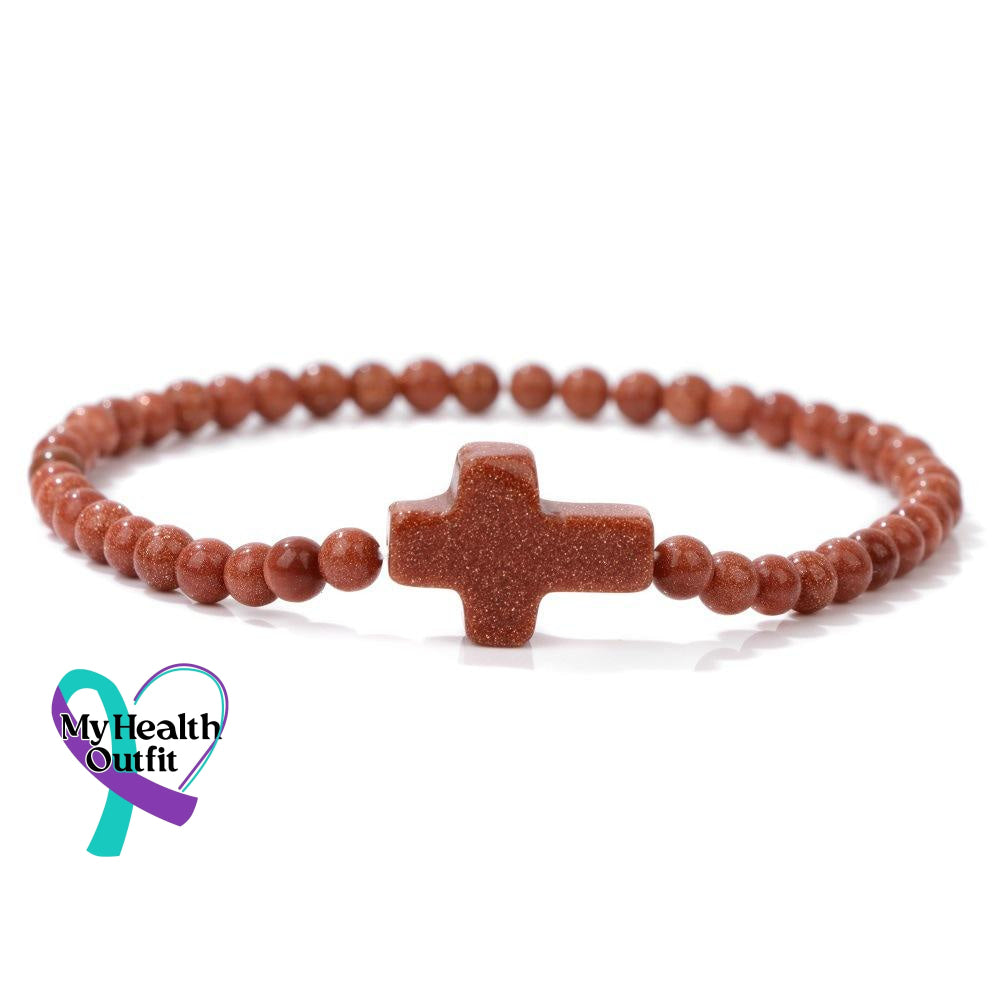 Women’s Men’s Unisex 4Mm Natural Stone Crystal Cross Handmade Elastic Bracelet Gold Sand