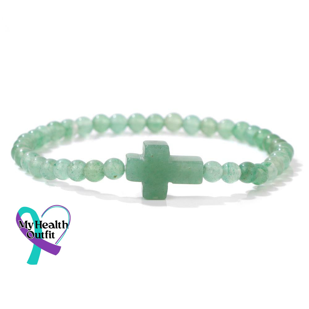Women’s Men’s Unisex 4Mm Natural Stone Crystal Cross Handmade Elastic Bracelet Green Aventurine