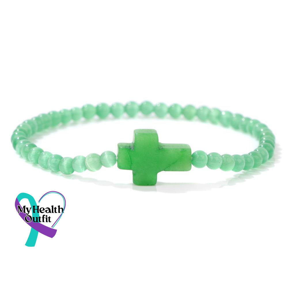 Women’s Men’s Unisex 4Mm Natural Stone Crystal Cross Handmade Elastic Bracelet Green Cat’s Eye