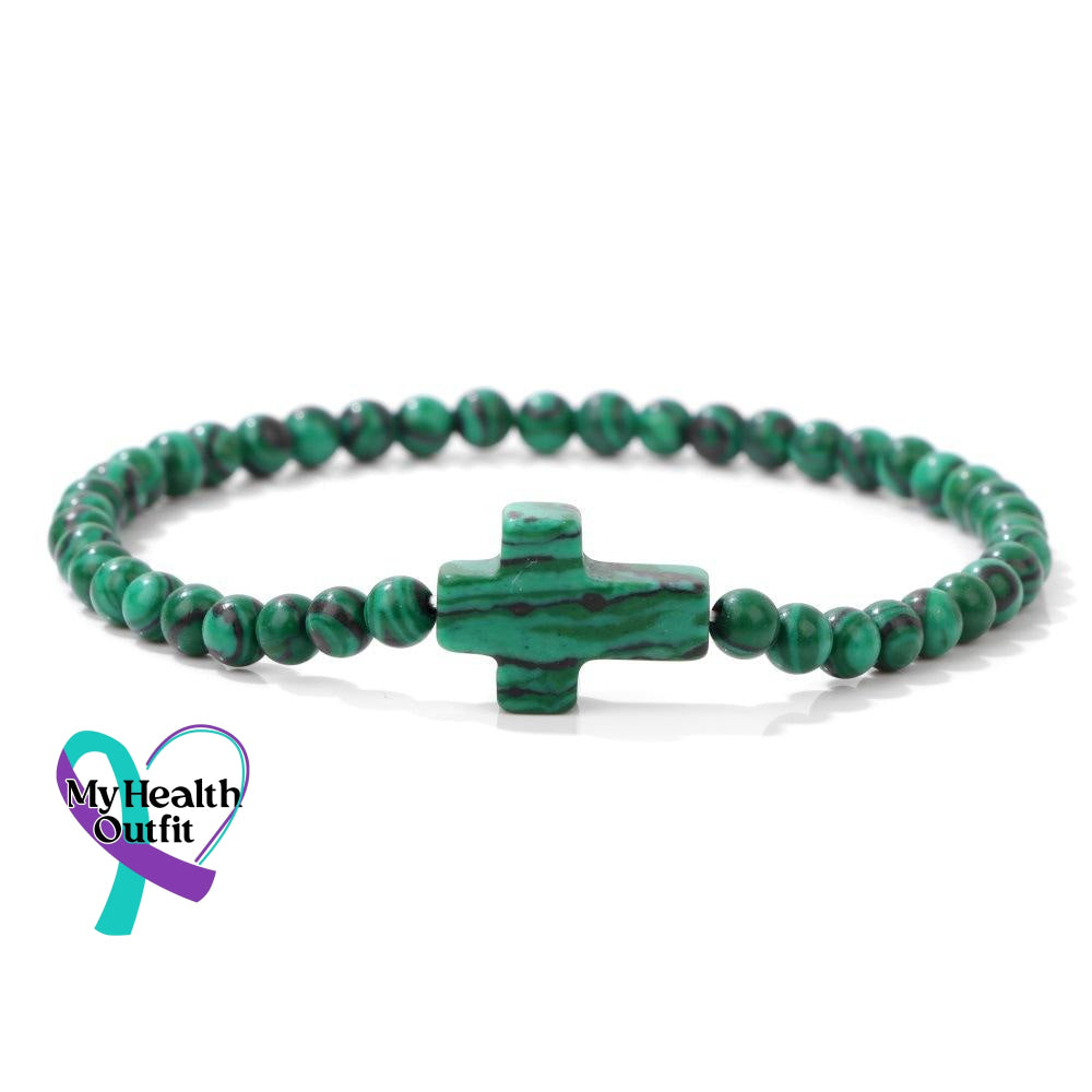 Women’s Men’s Unisex 4Mm Natural Stone Crystal Cross Handmade Elastic Bracelet Green Peacock Crystal