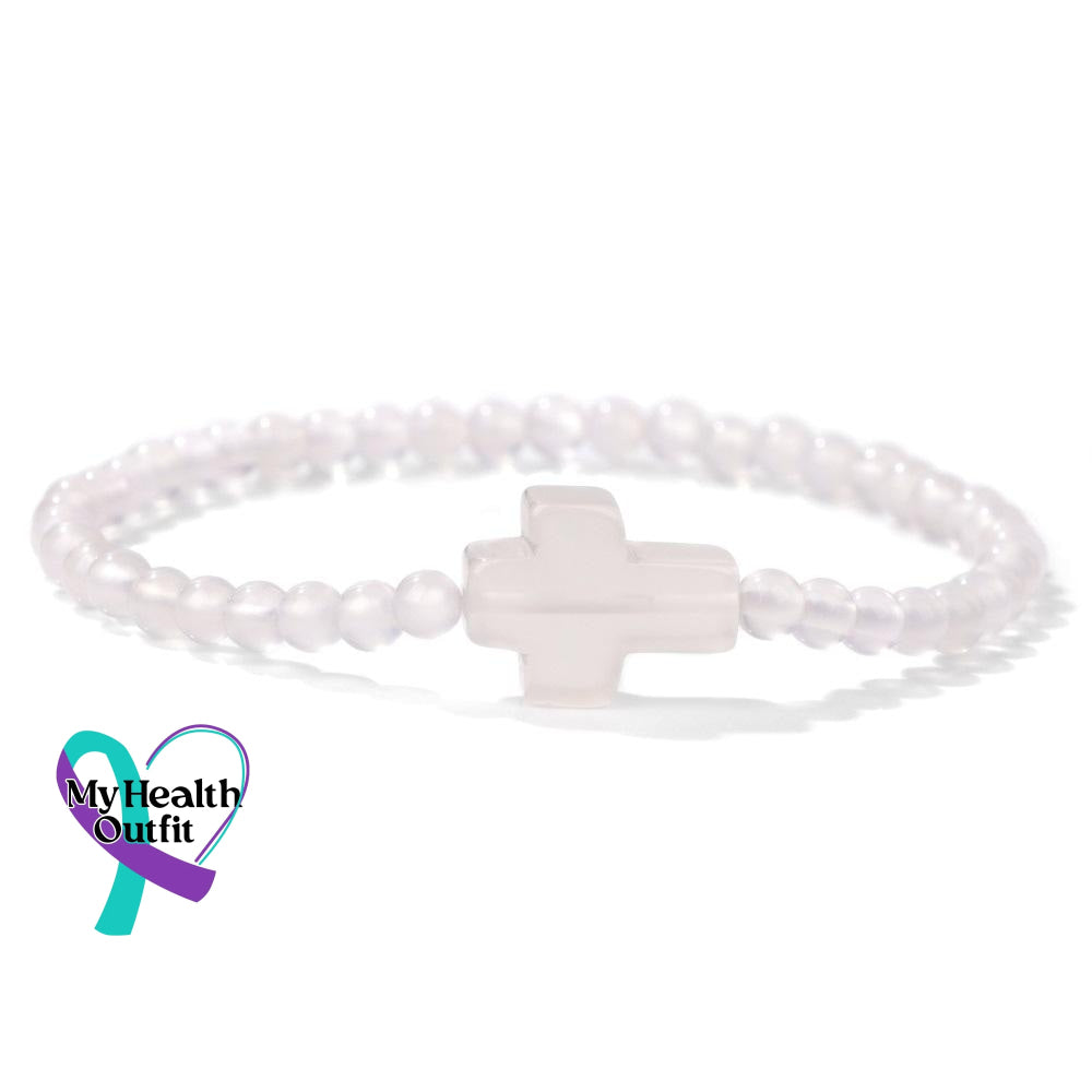 Women’s Men’s Unisex 4Mm Natural Stone Crystal Cross Handmade Elastic Bracelet White Agate