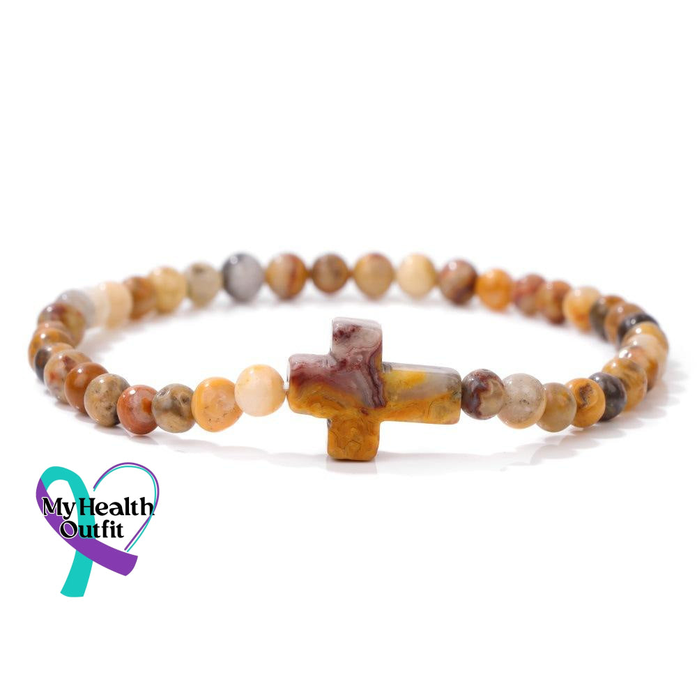 Women’s Men’s Unisex 4Mm Natural Stone Crystal Cross Handmade Elastic Bracelet Yellow Crazy