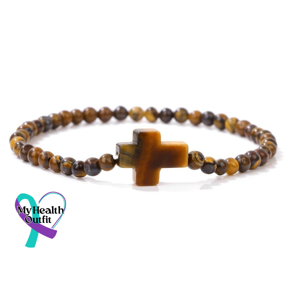 Women’s Men’s Unisex 4Mm Natural Stone Crystal Cross Handmade Elastic Bracelet Yellow Tiger Eye