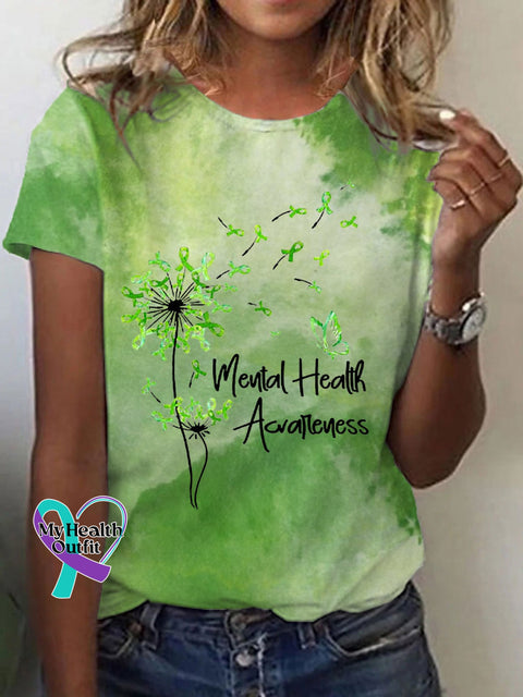 Women’s Mental Health Awareness Brave Strong Resilient Print Casual Tee Green / S