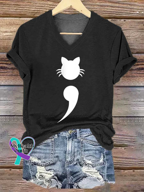 Women’s Mental Health Awareness Cat V-neck Casual T-Shirt Black / S