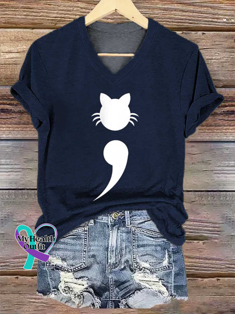 Women’s Mental Health Awareness Cat V-neck Casual T-Shirt Blue / S
