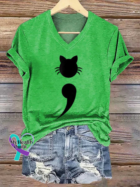 Women’s Mental Health Awareness Cat V-neck Casual T-Shirt Green / S