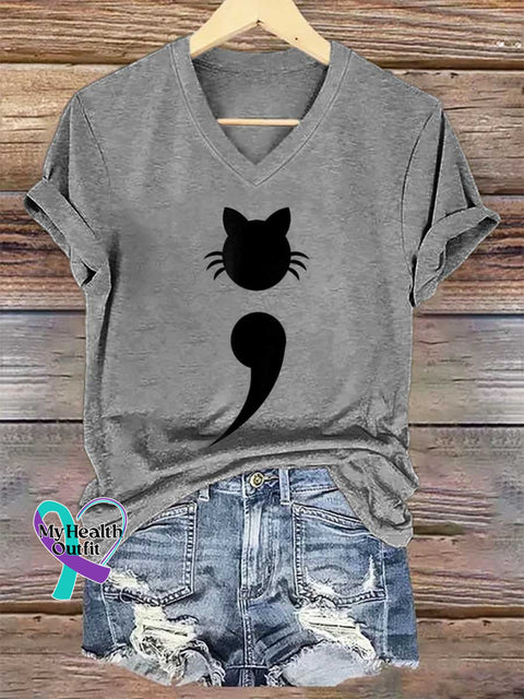 Women’s Mental Health Awareness Cat V-neck Casual T-Shirt Grey / S