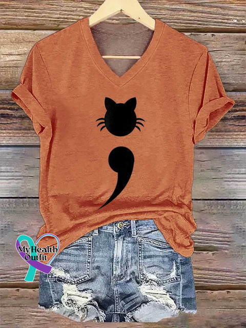 Women’s Mental Health Awareness Cat V-neck Casual T-Shirt Orange / S