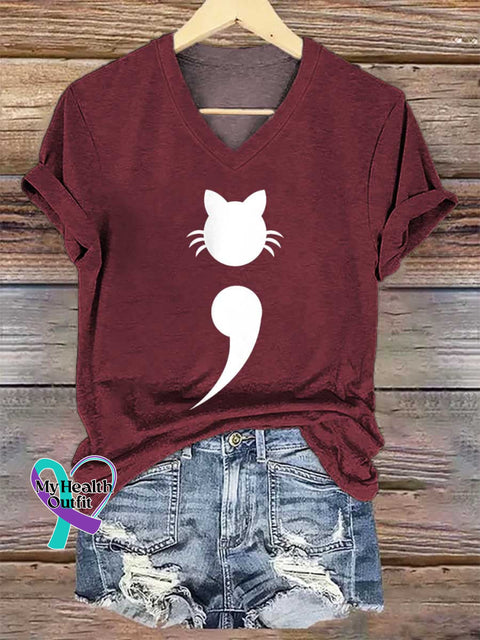 Women’s Mental Health Awareness Cat V-neck Casual T-Shirt Red / S