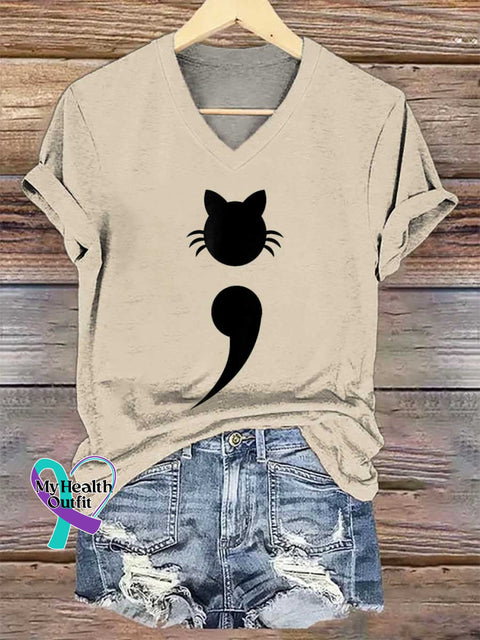 Women’s Mental Health Awareness Cat V-neck Casual T-Shirt Sand / S