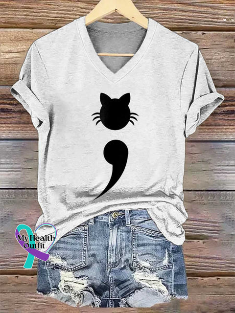 Women’s Mental Health Awareness Cat V-neck Casual T-Shirt White / S