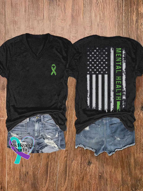 Women’s Mental Health Awareness Green Ribbon V-neck Casual T-Shirt Black / S