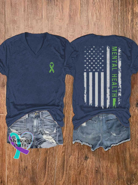 Women’s Mental Health Awareness Green Ribbon V-neck Casual T-Shirt Blue / S