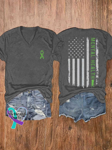 Women’s Mental Health Awareness Green Ribbon V-neck Casual T-Shirt Grey / S