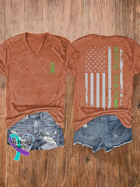 Women’s Mental Health Awareness Green Ribbon V-neck Casual T-Shirt Orange / S