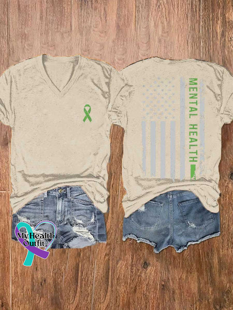 Women’s Mental Health Awareness Green Ribbon V-neck Casual T-Shirt Sand / S