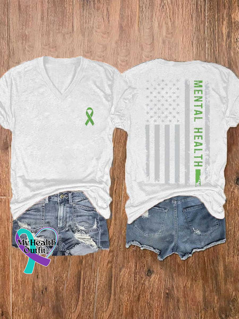 Women’s Mental Health Awareness Green Ribbon V-neck Casual T-Shirt White / S