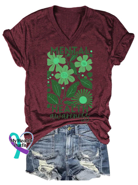 Women’s MENTAL HEALTH Awareness V-neck Casual T-Shirt Red / S