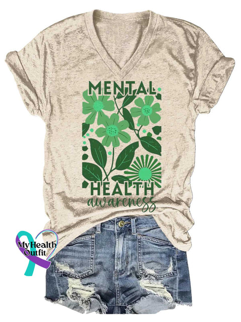 Women’s MENTAL HEALTH Awareness V-neck Casual T-Shirt Sand / S