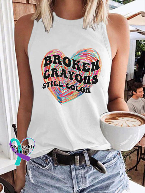 Women’s Mental Health BROKEN CRAYONS STILL COLOR Printed Crew Neck Vest White / S
