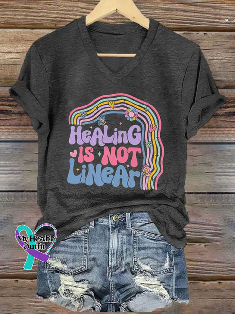 Women’s Mental Health Healing Is Not Linear Printed Casual T-Shirt Dark Grey / S