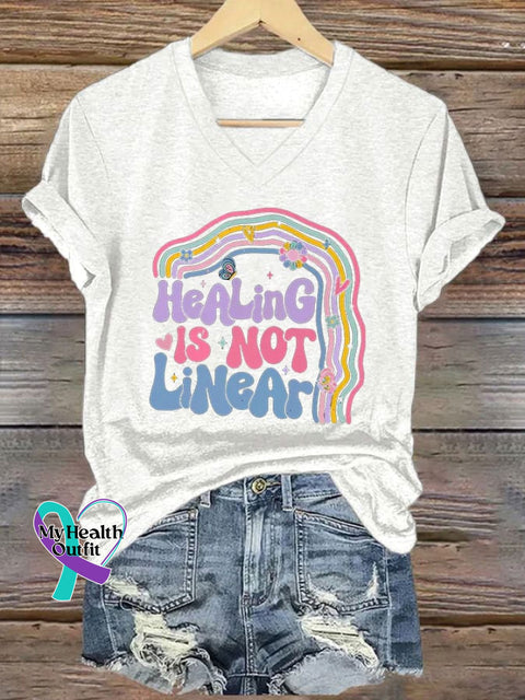 Women’s Mental Health Healing Is Not Linear Printed Casual T-Shirt White / S