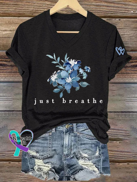 Women’s Mental Health ’just Breathe’ Floral Print Casual T-Shirt Black / S