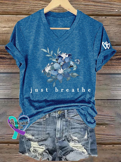 Women’s Mental Health ’just Breathe’ Floral Print Casual T-Shirt Blue / S