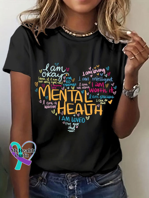 Women’s Mental Health Love Slogan Printed Crew Neck T-Shirt Black / S