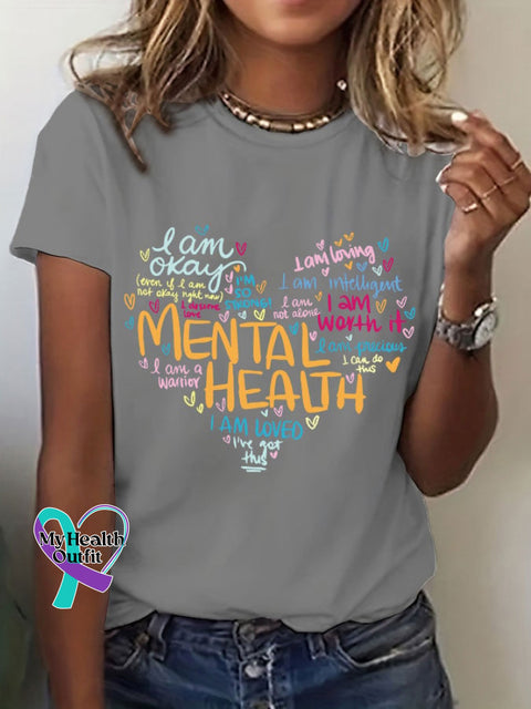 Women’s Mental Health Love Slogan Printed Crew Neck T-Shirt Grey / S