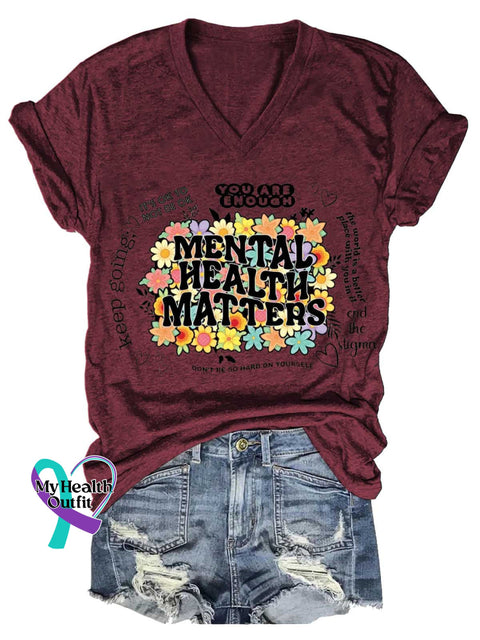 Women’s MENTAL HEALTH MATTERS IT’S OK TO NOT BE OK YOU ARE ENOUGH V-neck Casual T-Shirt Red / S