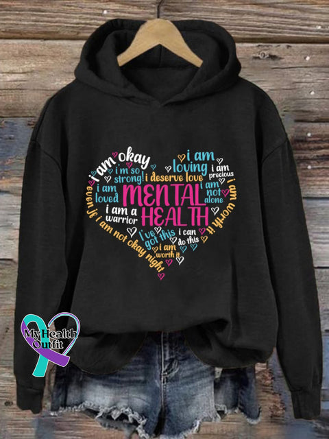 Women’s Mental Health Slogans Printed Hooded Sweatshirt Black / S