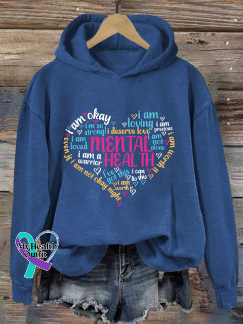 Women’s Mental Health Slogans Printed Hooded Sweatshirt Blue / S