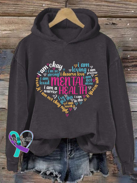 Women’s Mental Health Slogans Printed Hooded Sweatshirt Dark Grey / S
