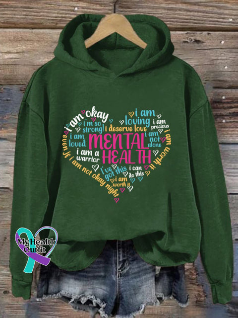 Women’s Mental Health Slogans Printed Hooded Sweatshirt Green / S