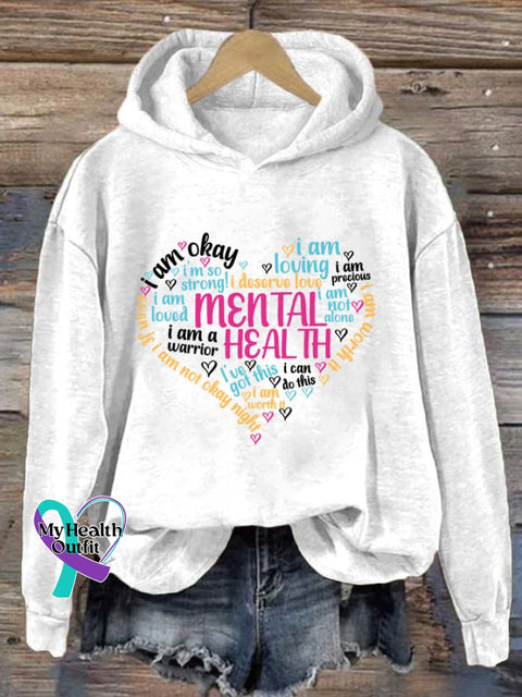 Women’s Mental Health Slogans Printed Hooded Sweatshirt White / S