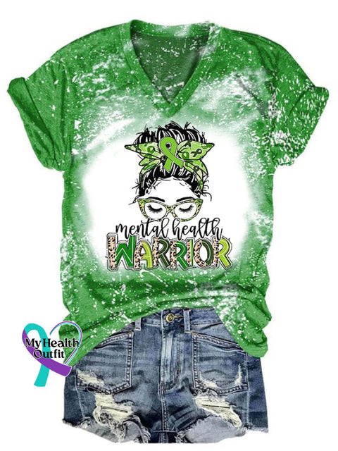 Women’s Mental Health Warrior Print V-Neck Casual T-Shirt Green / S Mental-Health-Awareness