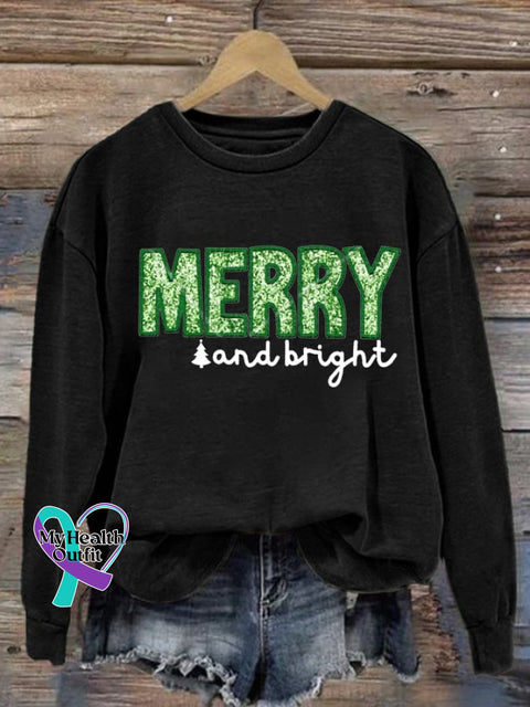 Women’s Merry And Bright Christmas Print Round Neck Sweatshirt Black / S