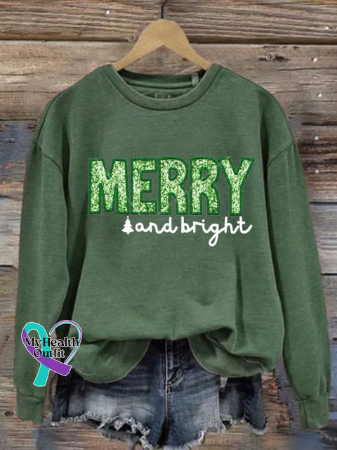 Women’s Merry And Bright Christmas Print Round Neck Sweatshirt Green / S
