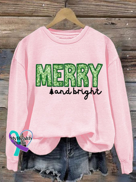 Women’s Merry And Bright Christmas Print Round Neck Sweatshirt Pink / S