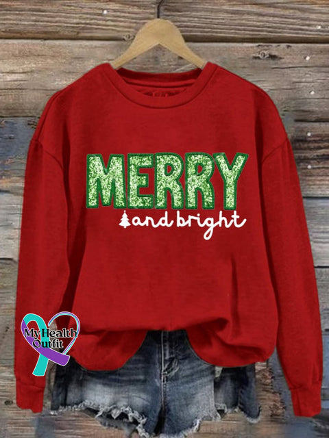 Women’s Merry And Bright Christmas Print Round Neck Sweatshirt Red / S