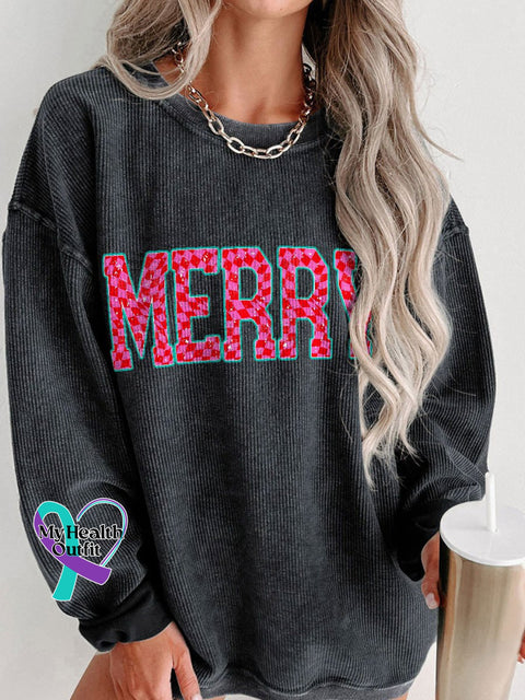 Women’s Merry Christmas Checkered Letters Casual Print Corduroy Sweatshirt Black / S