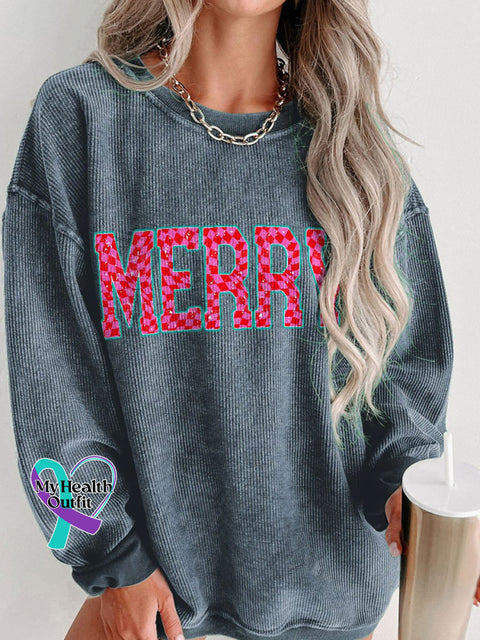 Women’s Merry Christmas Checkered Letters Casual Print Corduroy Sweatshirt Blue / S