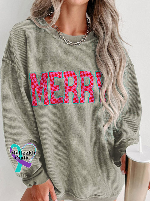 Women’s Merry Christmas Checkered Letters Casual Print Corduroy Sweatshirt Brown / S