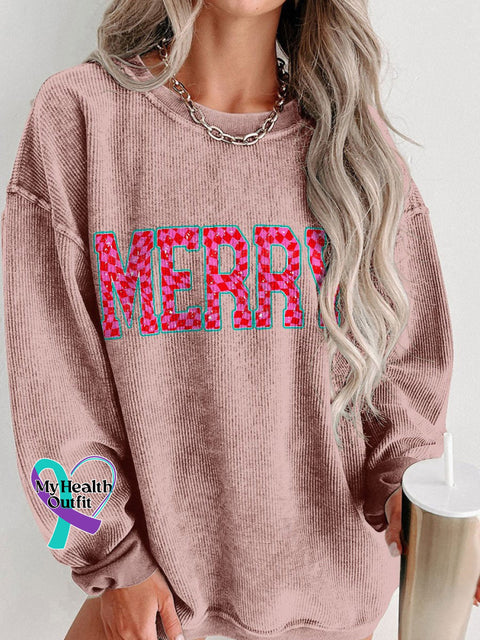 Women’s Merry Christmas Checkered Letters Casual Print Corduroy Sweatshirt Pink / S