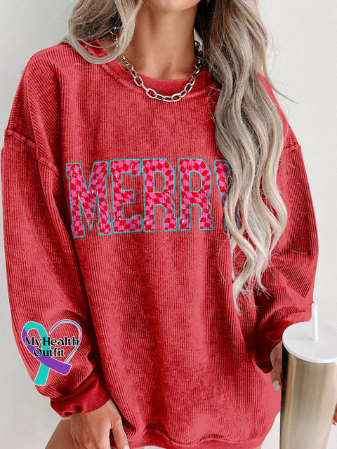 Women’s Merry Christmas Checkered Letters Casual Print Corduroy Sweatshirt Red / S