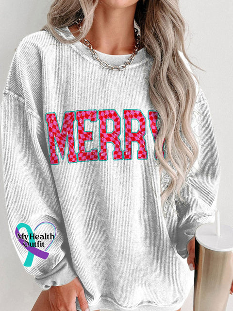 Women’s Merry Christmas Checkered Letters Casual Print Corduroy Sweatshirt White / S