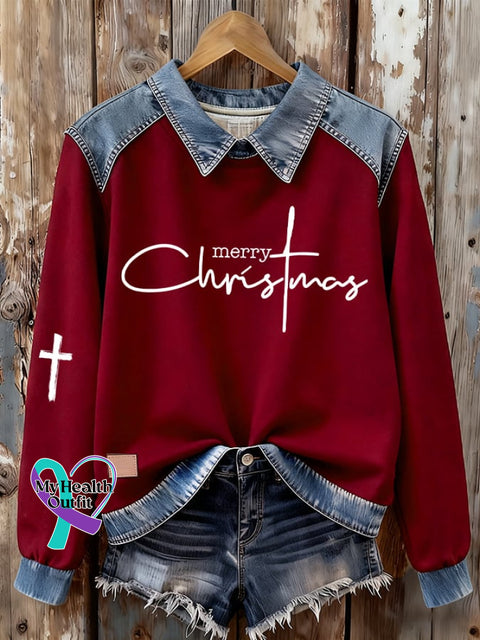 Women’s Merry- Christmas Print Denim Sweatshirt Picture 1 / S