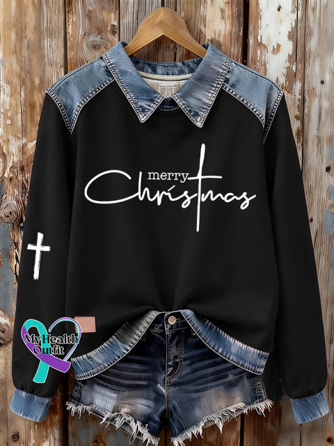 Women’s Merry- Christmas Print Denim Sweatshirt Picture 2 / S